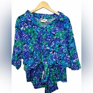 🌺 Vintage 80s Floral Rayon Two-Piece Set – Button Top + High-Waist Shorts